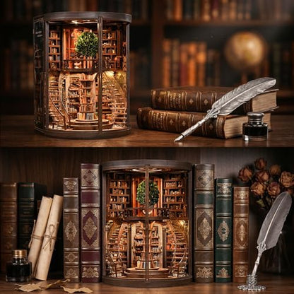 fifijoy DIY Book Nook Kit for Adults - 3D Wooden Puzzle Miniature House Kit with LED Light, Miniature Dollhouse Library Bookshelf Insert Decor, Creative Gift for Family, Friends (Wisdom Rings) - Image 3