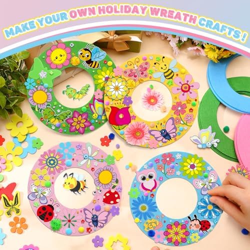 Wavwavw 472 Pcs Spring DIY Craft Kits Spring Wreath Summer Craft Kit Wreath Arts Decorations with Tulips Butterflies Bees Felt Stickers for Party Indoor Outdoor Home Decor - Image 2