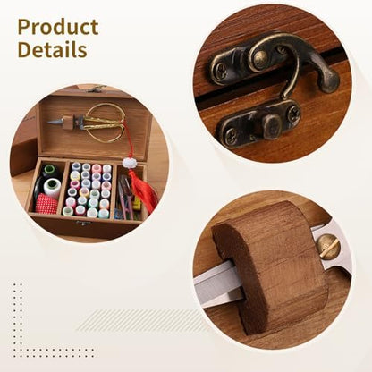 Classic Wooden Sewing Kit for Beginners, Sewing Tools with Scissors, Thread Spools, Needles, Buttons, Ideal for Adults, Handy for Travel - Image 2