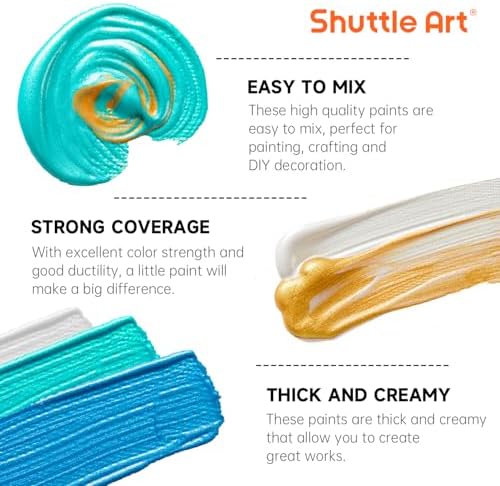 Shuttle Art 30 Colors Metallic Acrylic Paint, Artist Grade Metallic Paint in Bottles (60ml, 2oz), Rich Pigmented, High Viscosity, Non-Toxic for Artists, Beginners on Rocks Crafts Canvas Wood Fabric - Image 5