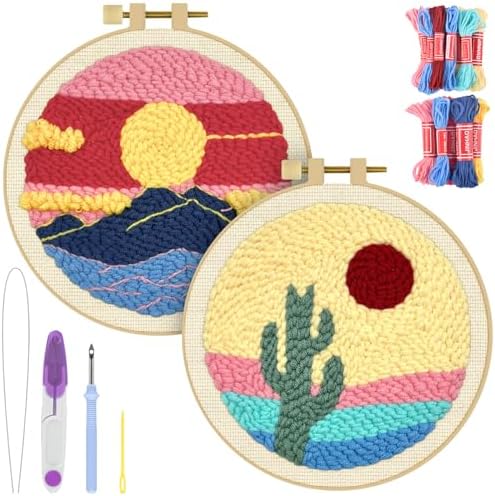 ERKOON Punch Needle Kit Adults Beginners, 2 Pcs DIY Easy Landscape Embroidery Set for Starter Art Craft, Needling Punching Project with Patterns, Tools, Yarns, Hoop, Instruction (Desert & Afterglow) by ERKOON