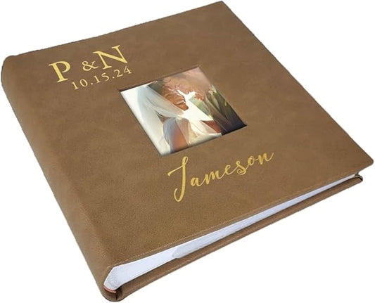 Personalized Photo Album, Custom Engraved Picture Album, Holds 200 4" x 6" Photos, Leatherette and Laser Engraved Scrapbook, Wedding Initials and Last Name, Brown