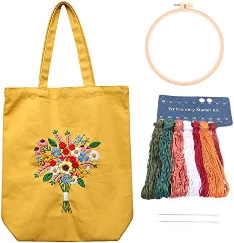 MAMUNU Canvas Tote Bag Embroidery Kit with Pattern for Beginners, Arts and DIY Crafts Kits for Adults, Include Instructions Embroidery Bag, Embroidery Hoops, Color Threads and Tool (Yellow) by MAMUNU