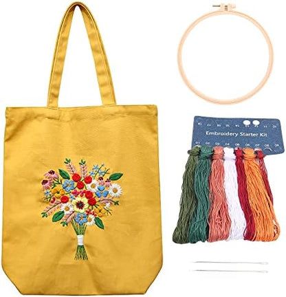 MAMUNU Canvas Tote Bag Embroidery Kit with Pattern for Beginners, Arts and DIY Crafts Kits for Adults, Include Instructions Embroidery Bag, Embroidery Hoops, Color Threads and Tool (Yellow) by MAMUNU