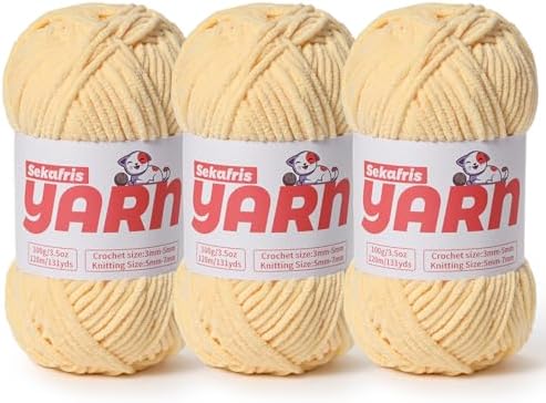 3 Pack Plush Chunky Chenille Yarn for Crocheting, Soft Fluffy Velvet Yarn for Crocheting, Fuzzy Baby Blanket Knitting Yarns, 300g/393yds Bulky Amigurumi Yarns（3 Light Yellow） by Sekafris