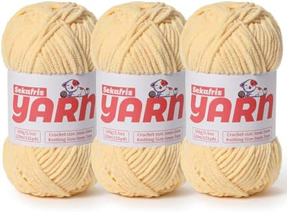 3 Pack Plush Chunky Chenille Yarn for Crocheting, Soft Fluffy Velvet Yarn for Crocheting, Fuzzy Baby Blanket Knitting Yarns, 300g/393yds Bulky Amigurumi Yarns（3 Light Yellow） by Sekafris