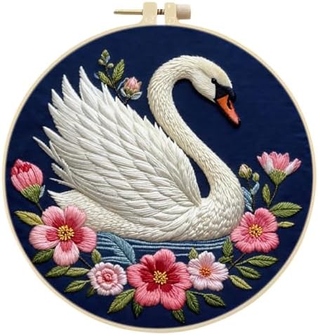 FRANDEK DIY Flower Swan Stamped Embroidery Kit with Hoop for Adults by FRANDEK