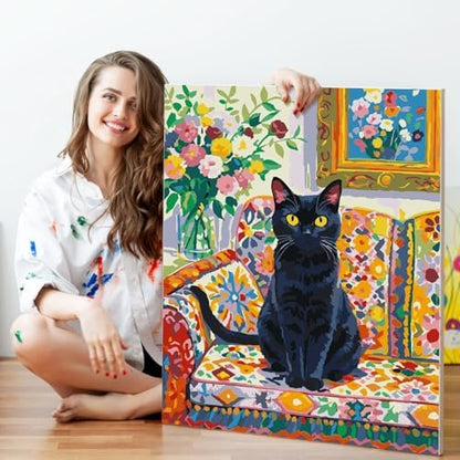 Fountor Cat Paint by Numbers Kit for Adults Beginner, Black Cat Adult Paint by Number Kits on Canvas Without Frame, Cat Flowers Oil Painting by Numbers for Home Decor Gift 16” W x 20”L - Image 5