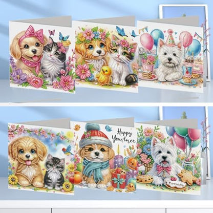 C'eitura 6Pcs Diamond Art Painting Greeting Cards Kit DIY Dog Cat Crafts - Image 2