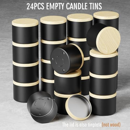 24 Pack 4oz Candle Tins with Lids - Empty Black Metal Candle Jars with Wood Grain Lids, Seamless Leak-Proof Containers, Bulk DIY Candle Making Supplies for Adults & Small Business - Image 2