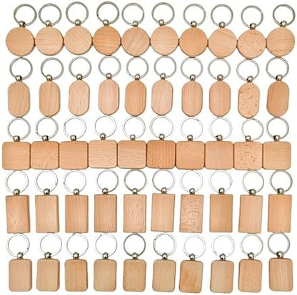50PCS Wood Engraving Blanks Key Chain，Wood Keychain Blanks，Assorted Unfinished Wooden Key Tag Key Ring for DIY Gift Crafts Christmas Ornaments Laser (50) by Unknown