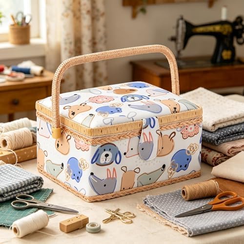 NOTIONSLAND Sewing Basket with Kits, Cute Sewing Box for Beginners, White, Animal Pattern - Image 5