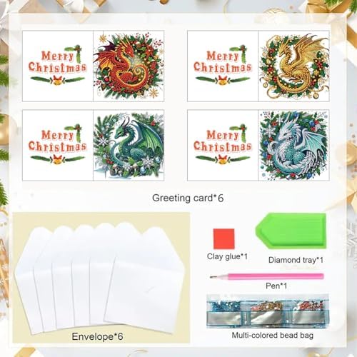 6pcs DIY Diamond Art Christmas Cards Kit with Envelopes & Tools-Diamond Dot Greeting Cards,Xmas 5D Rhinestones Painting for Adults,DIY Craft Family Friend Xmas Gifts(Christmas Dragon) - Image 6