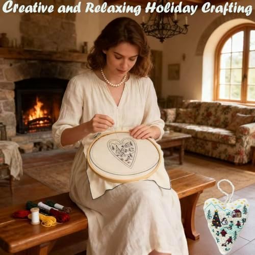 GDGJWL DIY Heart Shaped Hand Embroidered Christmas Ornament Kit Complete Craft Set with Pre-Printed Fabric Embroidery Thread Holiday Cross Stitch Decor for Beginners Adults and Home Decor (DIY) - Image 4