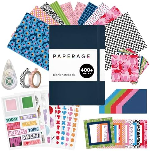 PAPERAGE Junk Journal & Scrapbook Kit, Hardcover Blank Journal Notebook, 20 Patterned Papers, 8 Sticker Sheets, 20 Die-Cut Shapes, 2 Washi Tapes & Tape Roller, Creative Journaling Supplies - Navy by PAPERAGE