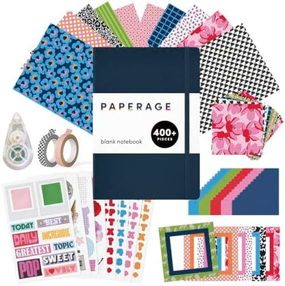 PAPERAGE Junk Journal & Scrapbook Kit, Hardcover Blank Journal Notebook, 20 Patterned Papers, 8 Sticker Sheets, 20 Die-Cut Shapes, 2 Washi Tapes & Tape Roller, Creative Journaling Supplies - Navy by PAPERAGE