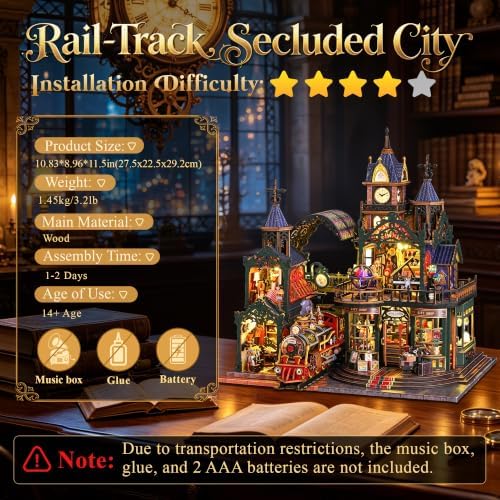 SUNNINO DIY Miniature Dollhouse Kit, Steampunk Train Station Book Nook Kit - Image 3