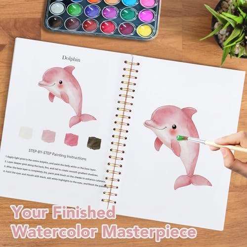 Easy Watercolor Workbook for Beginners - 12 Beautiful Step-by-Step Paintings Water Coloring Book, Includes 18 Colors Paints, Relaxing Art Projects and Creative Gift for Adults & Teen (Marine Animals) - Image 6