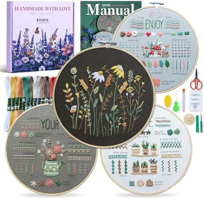 ETSPIL Embroidery Kit for Adults, 2 Hoops, 4K Slow-Mo, Pre-Printed Patterns by ETSPIL