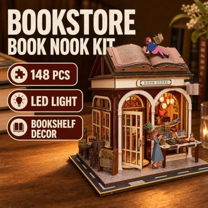 Evankin Bookstore Book Nook Kit, DIY Miniature House with LED Light - Image 2