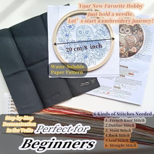 FONNUY Embroidery Kit for Beginners, Owl Flowers Pre-Stamped Pattern Kits for Adults with Hoop, Easy to Follow Color Thread Needlework, 8'' Hoop (Black) - Image 6