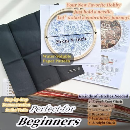 FONNUY Embroidery Kit for Beginners, Owl Flowers Pre-Stamped Pattern Kits for Adults with Hoop, Easy to Follow Color Thread Needlework, 8'' Hoop (Black) - Image 6