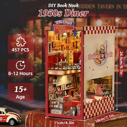 fifijoy Book Nook Kit - DIY Miniature Dollhouse for Adults and Teens, 3D Wooden Puzzle Booknook with LED Light, Retro Tiny House Bookshelf Insert Decor, Gifts for Family, Friends (1950s Diner) - Image 5