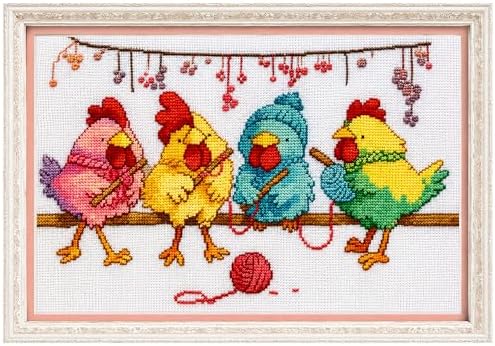 Zhenqing Charming Knitting Chickens Cross Stitch Kit for Beginners - 11CT Printed 12x20inch Aida Cloth, Threads & Needle Included (No Hoop/Scissors)(67427) by ZhenqingHomeFlagship