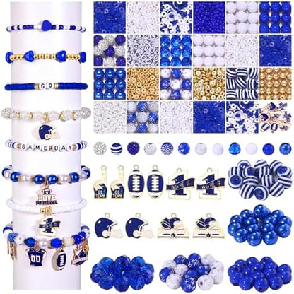 HSWE Game Day Beads Bracelet Kit Assorted Blue White Heishi Clay Pearl Letter Round Loose Beads Gold Spacer Beads with Sports Football Charms for DIY Bracelets Necklace Making by HSWE
