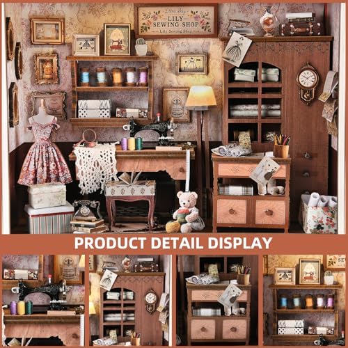 Book Nook Kit - 3D Wooden Puzzle with LED Switch Control & Wall-Mountable Frame，DIY Miniature House for Beginners，Bookshelf/Tabletop/Wall Decor for Craft Lovers，Dollhouse Gift (Lily Sewing Shop) - Image 3