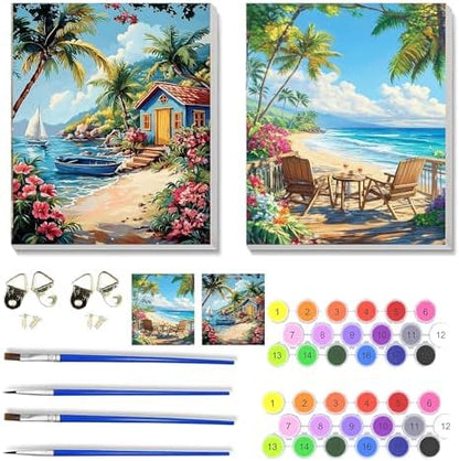 NEGEKFKX 2 Pack Beach Paint by Numbers Kit for Adults Beginner with Framed,Easy Adult Paint by Number Kits on Canvas DIY Painting for Beginners Art by Numbers for Home Wall Decor 10x12 Inch by NEGEKFKX