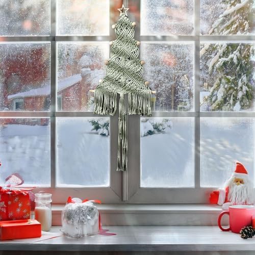 Christmas Tree Macrame Wall Hanging Decor 9.84 × 22.8inch Xmas Tree Shape Boho Tapestry with Rustic Bead and Star Tree Topper Hand-Woven Crafts for Holiday Winter Decoration (Green) - Image 3
