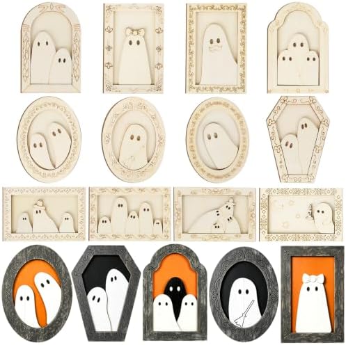 12 Pcs Halloween Crafts Wooden Ghost DIY Frames Decorating Unfinished Wood Painting Ghost Craft Ornaments Fall Halloween Arts and Crafts Kits for Adults Kids Haunted House Activities Party Supplies by Sealmic