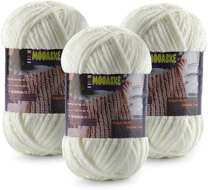 Baby Blanket Yarn for Crocheting - Soft Velvet Fluffy Chenille Yarn for Knitting Amigurumi Making Scarves, Doll - 100g/3.5oz 131 Yards Thick Plush Yarns (3, Cream)