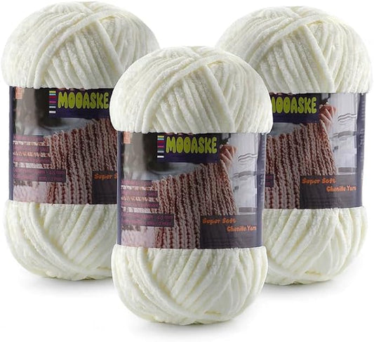 Baby Blanket Yarn for Crocheting - Soft Velvet Fluffy Chenille Yarn for Knitting Amigurumi Making Scarves, Doll - 100g/3.5oz 131 Yards Thick Plush Yarns (3, Cream)