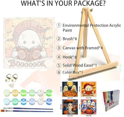 Canrichshop 4 Packs Halloween Ghost Framed Paint by Numbers Kit for Adults with Wooden Easel & Color Box,Ghost DIY Painting by Number on Canvas Gift,Easy Oil Acrylic Paint Prezzie 8x8inch - Image 2