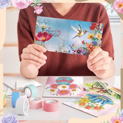 Saillong 12 Pack Flower Diamond Painting Greeting Card Kits DIY Pastel Floral Gnome Diamond Art Cards with Envelopes Flower 5d Rhinestones Paint Card for Adults DIY Craft Family Friend Birthday Gifts - Image 3