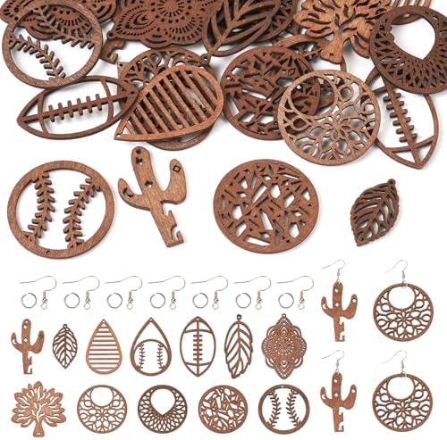 Elecrelive 12 Pairs Filigree Wood Dangle Earring Kits Leaf Teardrop Cactus Baseball Rugby Wooden Earring Pendants Saddle Brown with Ear Wires for Jewelry Craft Making - Image 7