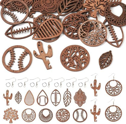 Elecrelive 12 Pairs Filigree Wood Dangle Earring Kits Leaf Teardrop Cactus Baseball Rugby Wooden Earring Pendants Saddle Brown with Ear Wires for Jewelry Craft Making - Image 7