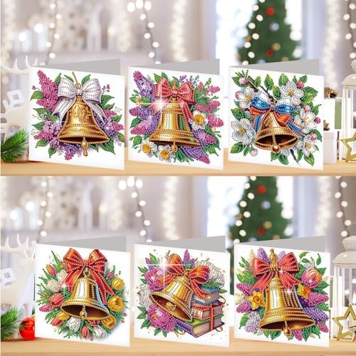 jinglinhh 6pcs Christmas Bell Lavender Tulip Flower Diamond Art Painting Greeting Cards with Envelopes, DIY Card Making Kits for Adults, Diamond Art Postcards Christmas Cards Craft Gifts - Image 4