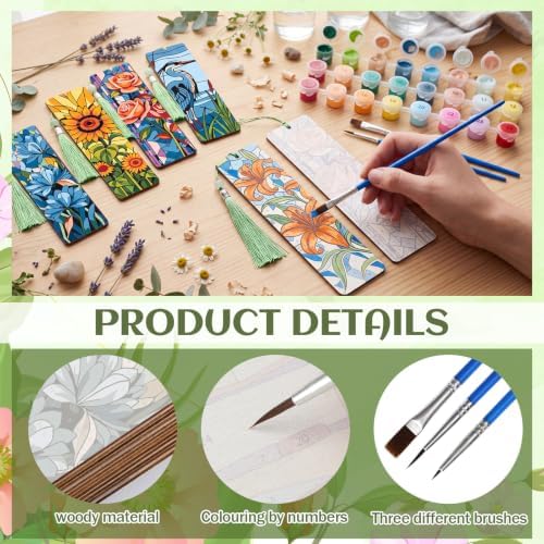 Kosiz 12 Pcs Glass Flowers Paint by Number Kit for Adult Wood Bookmark - Image 4
