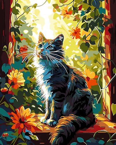 ZTOTZ Cat Paint by Numbers Kit for Adults,Animal Cat Paint by Number Kit Canvas, DIY Window Flower Paint by Numbers Easy for Living Room Decor Gift 16x20 Inch by ZTOTZ