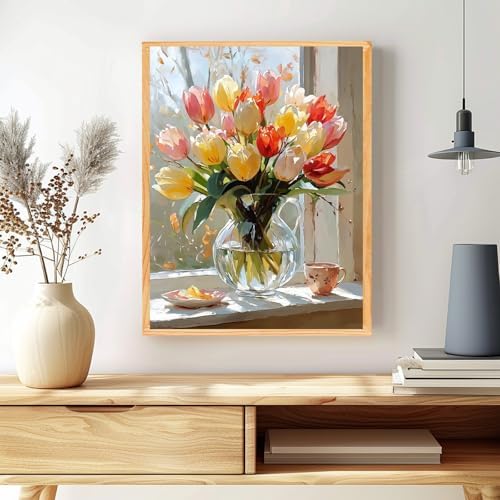 MAXBYE Flower Paint by Numbers Kit for Adults, Tulips Paint by Numbers Kits for Beginner, DIY Acrylic Color by Number on Canvas for Home Wall Decor Gift 12X16 Inch - Image 3