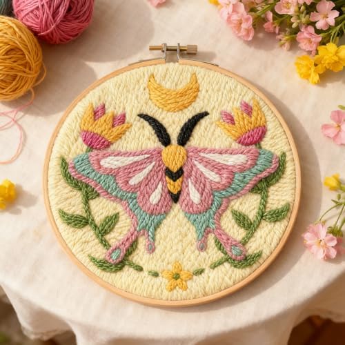INFUNLY Pink Moths Punch Needle Kits for Beginner Adult Flowers DIY Punch Needle Embroidery Starter Kit for Wall Hanging Moon Needles Stitching Kit with Instruction for DIY Crafts Gift Home Decor - Image 4