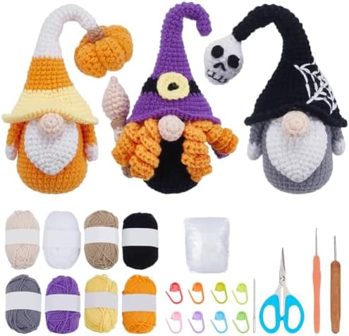 ACRNIGHEET 3Pcs Gnome Crochet Kit for Adults Beginners, Halloween Decorations Crochet Kit Complete Knitting Kits for Beginners with Step-by-Step Instruction DIY Craft Gift by ACRNIGHEET