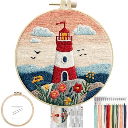 FONNUY Embroidery Kit for Beginners, Lighthouse Landscape Flowers Pre-Stamped Pattern Kits for Adults with Hoop, Easy to Follow Color Thread Needlework, 8'' Hoop (Orange) by FONNUY