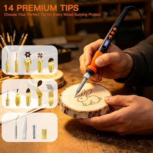 K KERNOWO Wood Burning Tool Kit for Adults & Teens | 17-Piece, Adjustable Temperature Pyrography Pen Set, 14 Premium Tips, Insulated Rubber Grip, For DIY Crafts Gift - Image 7