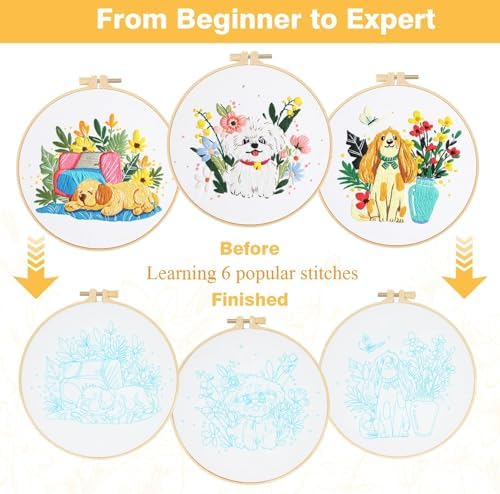GLTAYLMY Cute Dogs Embroidery Kit for Beginners with Pattern and Instructions,3 Pack Cross Stitch Kits,1 Plastic Embroidery Hoops,Threads and Needles,Needlepoint Kit for Adults - Image 3