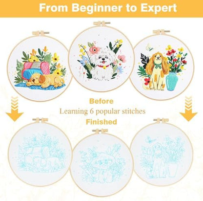 GLTAYLMY Cute Dogs Embroidery Kit for Beginners with Pattern and Instructions,3 Pack Cross Stitch Kits,1 Plastic Embroidery Hoops,Threads and Needles,Needlepoint Kit for Adults - Image 3