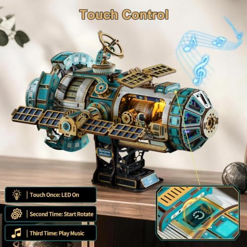 Mechanical 3D Wooden Puzzles for Adults, Space Station DIY Rotating Miniature House Kit with LED Lights & Music, 511PCS DIY Moving Building Model Craft Kit, Creative Home Decor Birthday Gift - Image 6